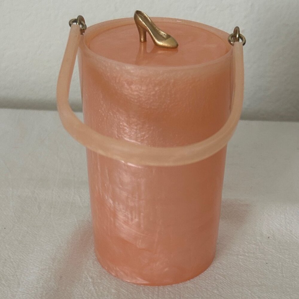 VINTAGE Small Cylinder Pink Swirl Plastic Mini Purse Evening Bag w/ Gold Shoe